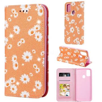 Ultra Slim Daisy Sparkle Glitter Powder Magnetic Leather Wallet Case for Samsung Galaxy M30s - Orange
