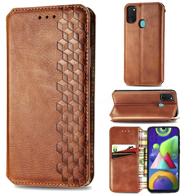 Ultra Slim Fashion Business Card Magnetic Automatic Suction Leather Flip Cover for Samsung Galaxy M30s - Brown
