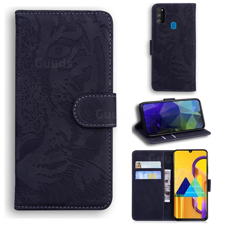 Intricate Embossing Tiger Face Leather Wallet Case for Samsung Galaxy M30s - Black