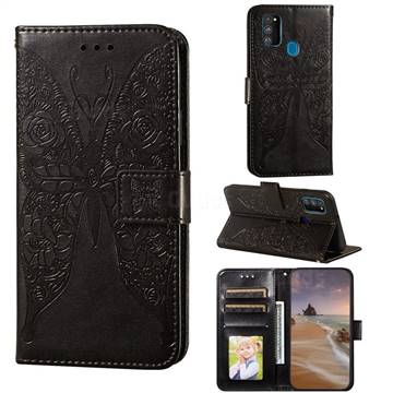 Intricate Embossing Rose Flower Butterfly Leather Wallet Case for Samsung Galaxy M30s - Black