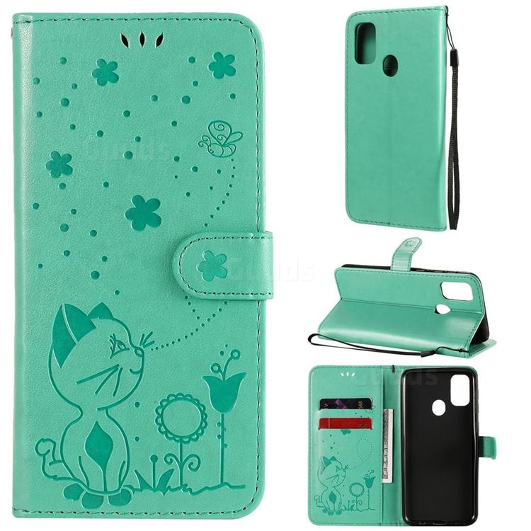 Embossing Bee and Cat Leather Wallet Case for Samsung Galaxy M30s - Green