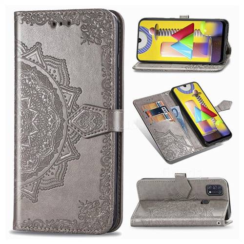 Embossing Imprint Mandala Flower Leather Wallet Case for Samsung Galaxy M31 - Gray