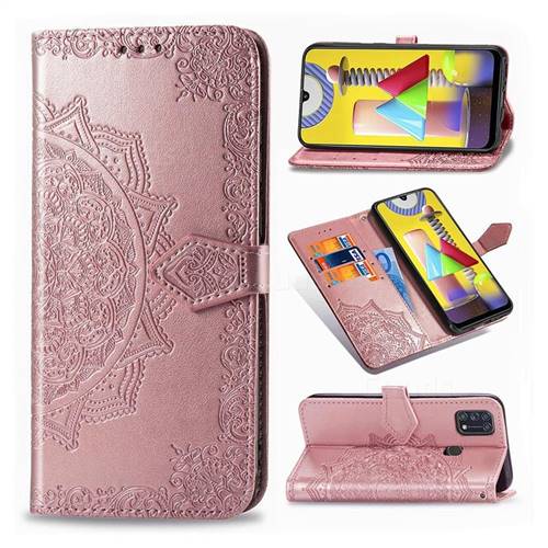 Embossing Imprint Mandala Flower Leather Wallet Case for Samsung Galaxy M31 - Rose Gold