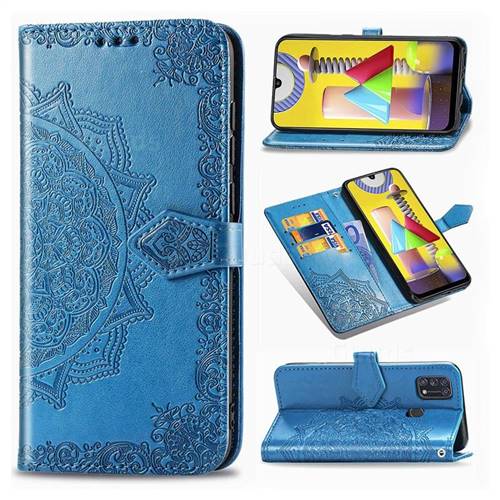 Embossing Imprint Mandala Flower Leather Wallet Case for Samsung Galaxy M31 - Blue