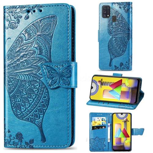 Embossing Mandala Flower Butterfly Leather Wallet Case for Samsung Galaxy M31 - Blue