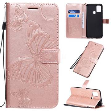 Embossing 3D Butterfly Leather Wallet Case for Samsung Galaxy M31 - Rose Gold