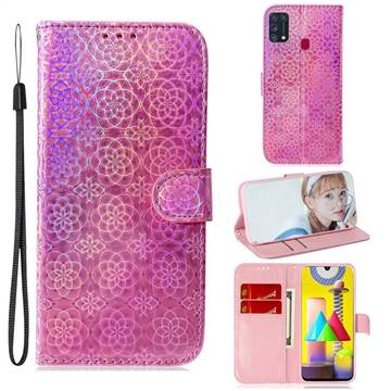Laser Circle Shining Leather Wallet Phone Case for Samsung Galaxy M31 - Pink