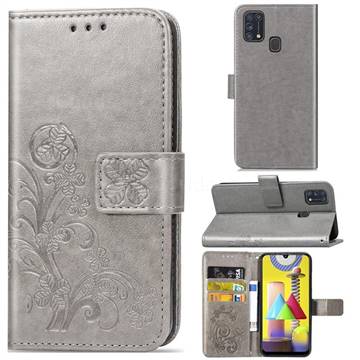 Embossing Imprint Four-Leaf Clover Leather Wallet Case for Samsung Galaxy M31 - Grey