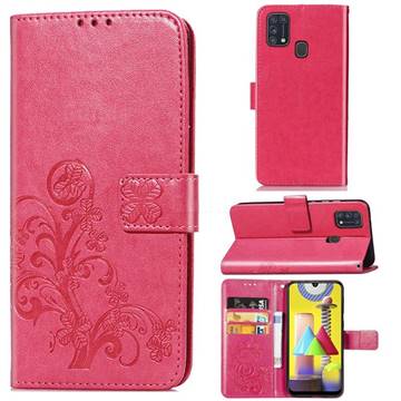 Embossing Imprint Four-Leaf Clover Leather Wallet Case for Samsung Galaxy M31 - Rose Red
