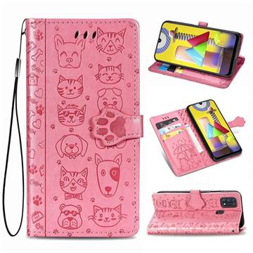 Embossing Dog Paw Kitten and Puppy Leather Wallet Case for Samsung Galaxy M31 - Pink