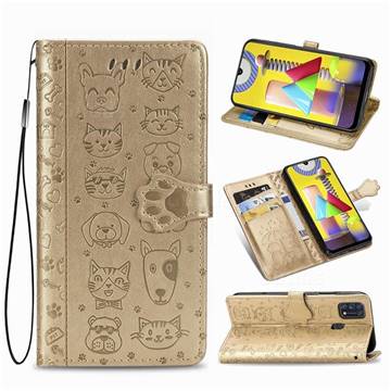 Embossing Dog Paw Kitten and Puppy Leather Wallet Case for Samsung Galaxy M31 - Champagne Gold