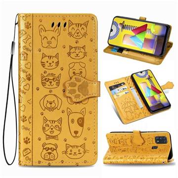 Embossing Dog Paw Kitten and Puppy Leather Wallet Case for Samsung Galaxy M31 - Yellow