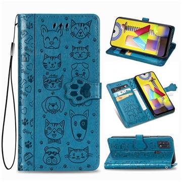 Embossing Dog Paw Kitten and Puppy Leather Wallet Case for Samsung Galaxy M31 - Blue