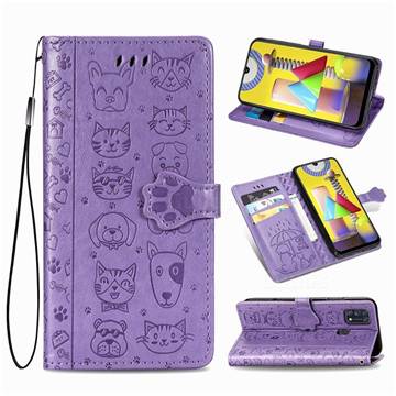 Embossing Dog Paw Kitten and Puppy Leather Wallet Case for Samsung Galaxy M31 - Purple