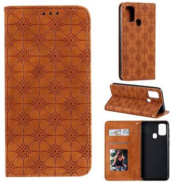 Intricate Embossing Four Leaf Clover Leather Wallet Case for Samsung Galaxy M31 - Yellowish Brown