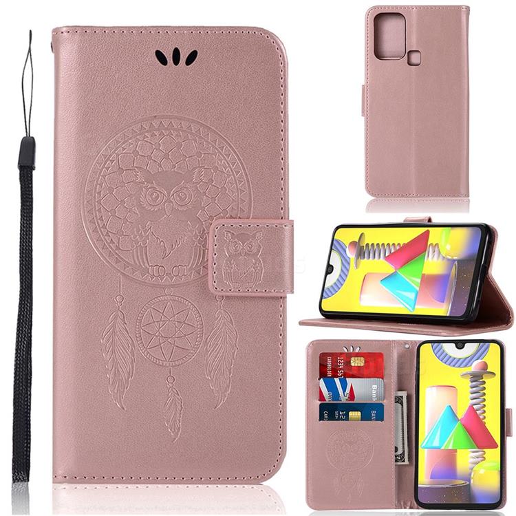 Intricate Embossing Owl Campanula Leather Wallet Case for Samsung Galaxy M31 - Rose Gold