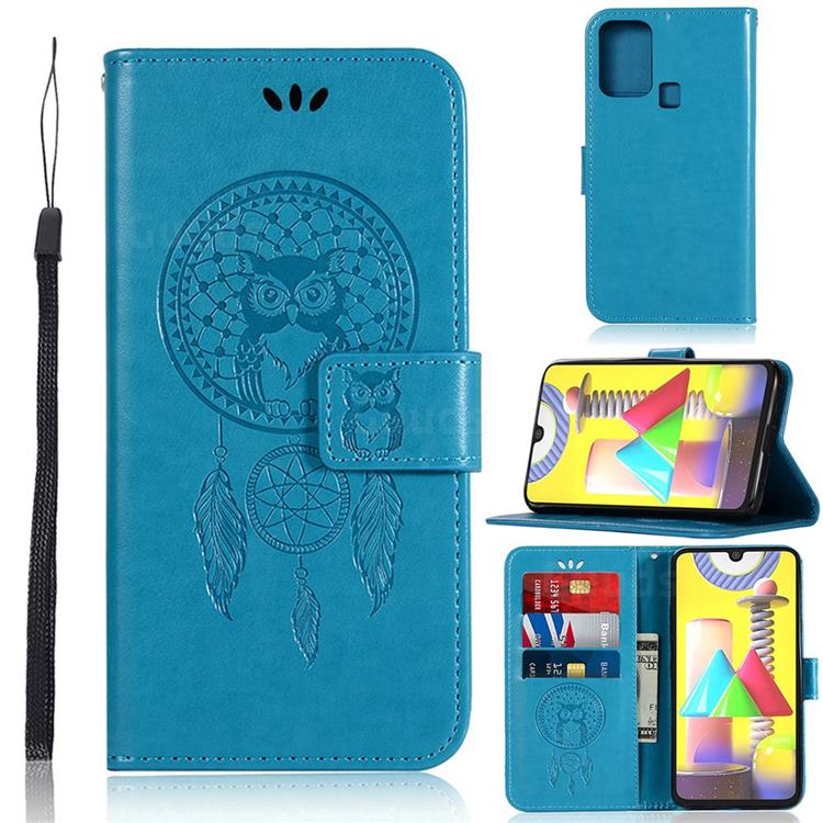 Intricate Embossing Owl Campanula Leather Wallet Case for Samsung Galaxy M31 - Blue