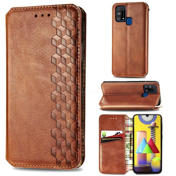 Ultra Slim Fashion Business Card Magnetic Automatic Suction Leather Flip Cover for Samsung Galaxy M31 - Brown