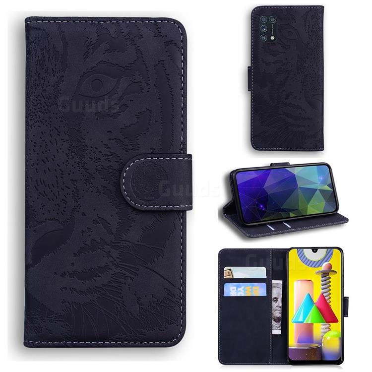 Intricate Embossing Tiger Face Leather Wallet Case for Samsung Galaxy M31 - Black