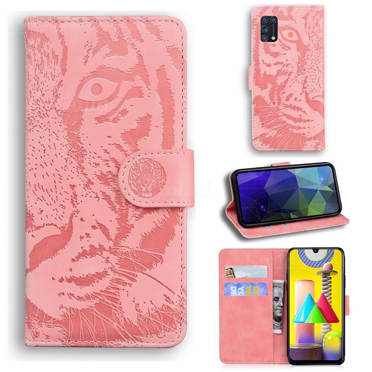 Intricate Embossing Tiger Face Leather Wallet Case for Samsung Galaxy M31 - Pink