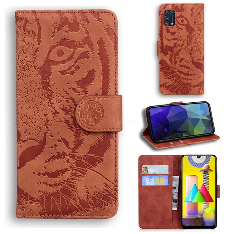 Intricate Embossing Tiger Face Leather Wallet Case for Samsung Galaxy M31 - Brown