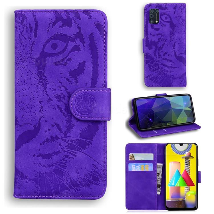 Intricate Embossing Tiger Face Leather Wallet Case for Samsung Galaxy M31 - Purple