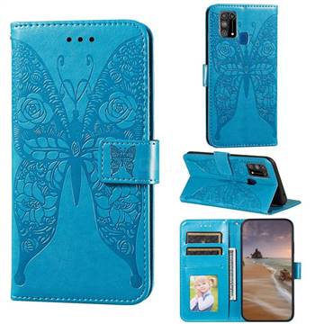Intricate Embossing Rose Flower Butterfly Leather Wallet Case for Samsung Galaxy M31 - Blue