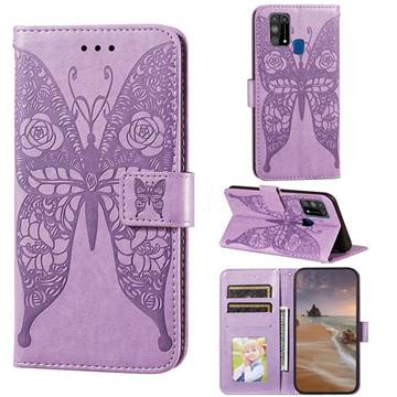 Intricate Embossing Rose Flower Butterfly Leather Wallet Case for Samsung Galaxy M31 - Purple