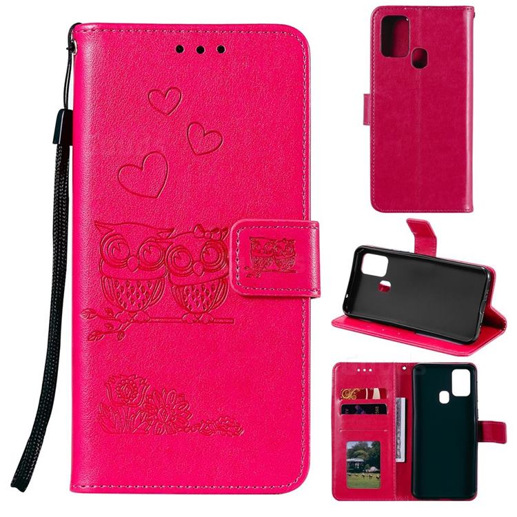 Embossing Owl Couple Flower Leather Wallet Case for Samsung Galaxy M31 - Red