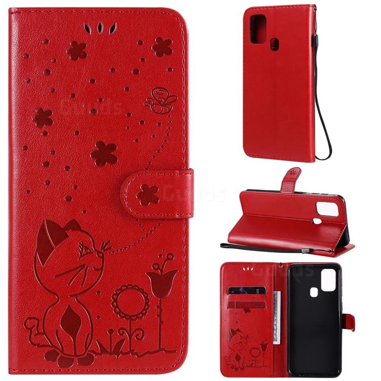 Embossing Bee and Cat Leather Wallet Case for Samsung Galaxy M31 - Red