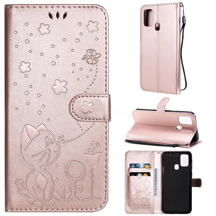 Embossing Bee and Cat Leather Wallet Case for Samsung Galaxy M31 - Rose Gold