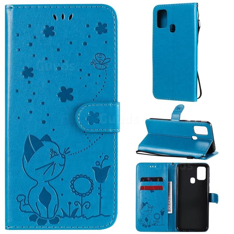 Embossing Bee and Cat Leather Wallet Case for Samsung Galaxy M31 - Blue