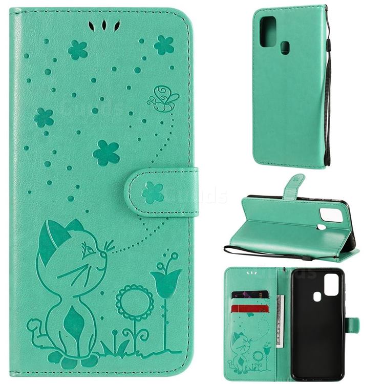 Embossing Bee and Cat Leather Wallet Case for Samsung Galaxy M31 - Green