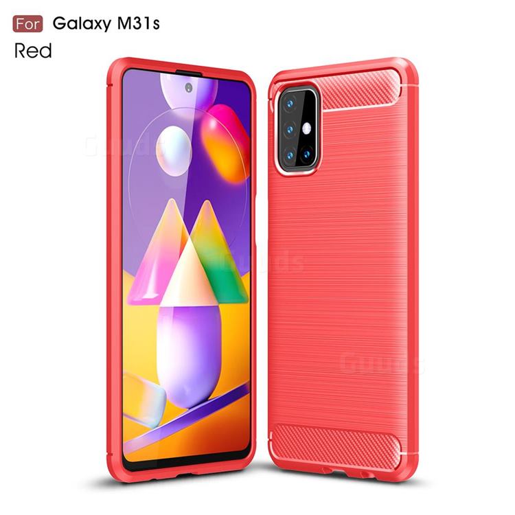 Luxury Carbon Fiber Brushed Wire Drawing Silicone TPU Back Cover for Samsung Galaxy M31s - Red