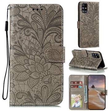 Intricate Embossing Lace Jasmine Flower Leather Wallet Case for Samsung Galaxy M31s - Gray