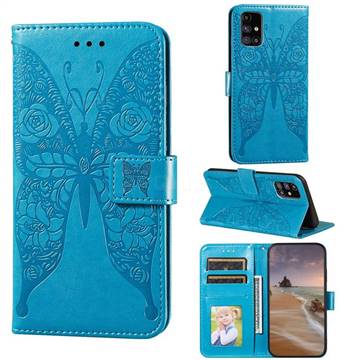 Intricate Embossing Rose Flower Butterfly Leather Wallet Case for Samsung Galaxy M31s - Blue