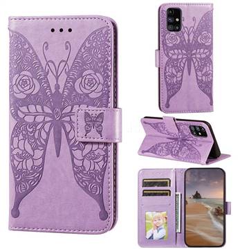 Intricate Embossing Rose Flower Butterfly Leather Wallet Case for Samsung Galaxy M31s - Purple