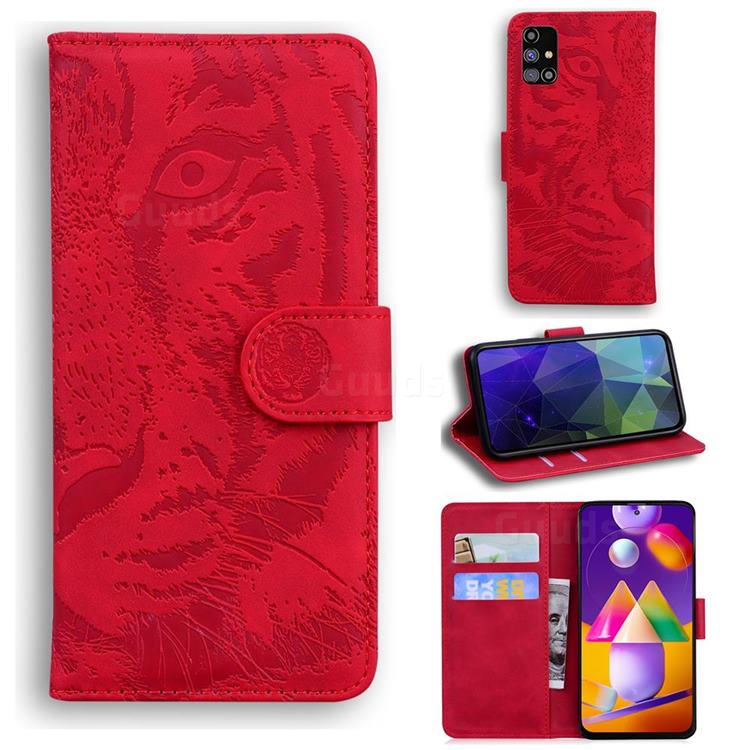 Intricate Embossing Tiger Face Leather Wallet Case for Samsung Galaxy M31s - Red