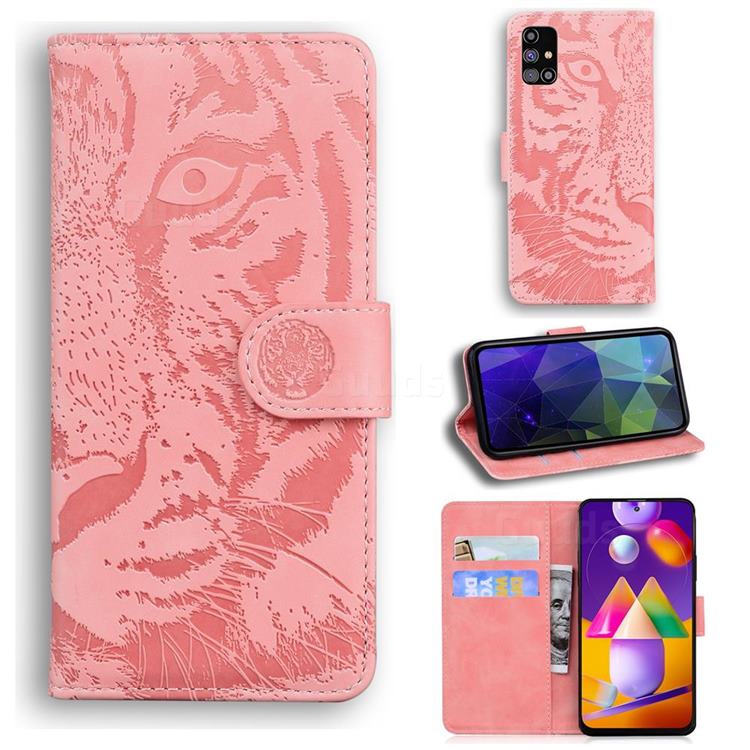 Intricate Embossing Tiger Face Leather Wallet Case for Samsung Galaxy M31s - Pink