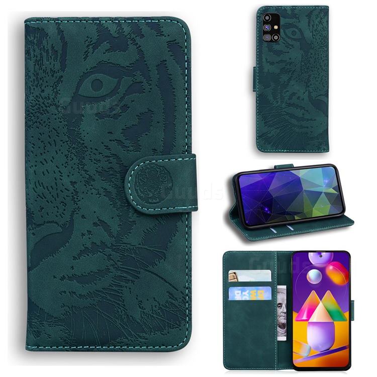 Intricate Embossing Tiger Face Leather Wallet Case for Samsung Galaxy M31s - Green