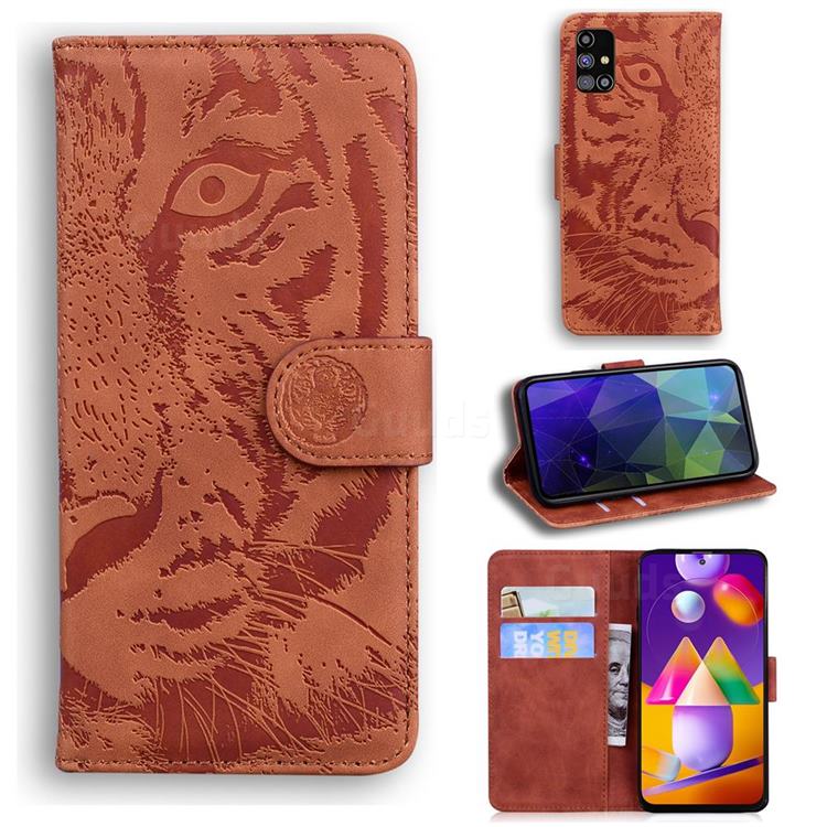 Intricate Embossing Tiger Face Leather Wallet Case for Samsung Galaxy M31s - Brown