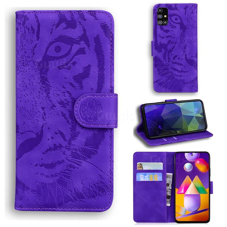 Intricate Embossing Tiger Face Leather Wallet Case for Samsung Galaxy M31s - Purple