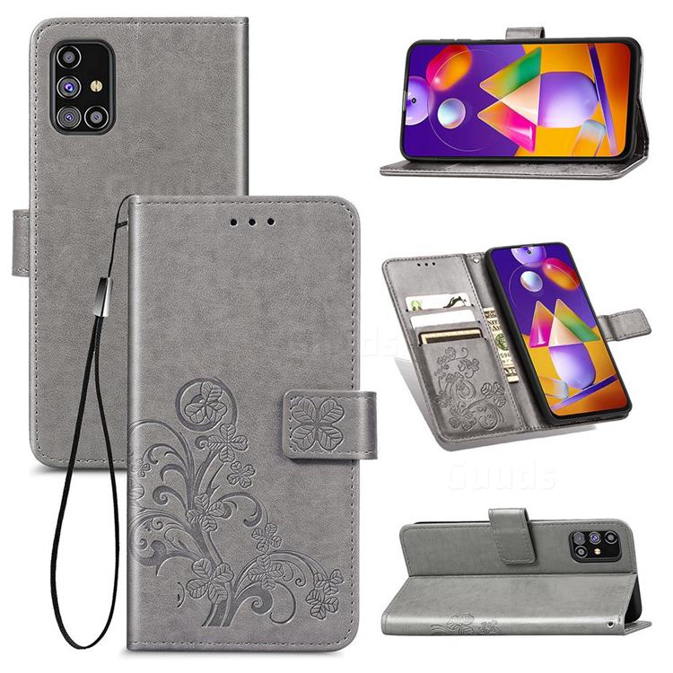 Embossing Imprint Four-Leaf Clover Leather Wallet Case for Samsung Galaxy M31s - Grey