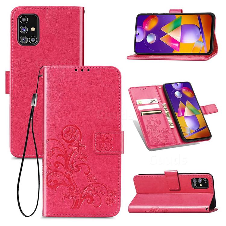 Embossing Imprint Four-Leaf Clover Leather Wallet Case for Samsung Galaxy M31s - Rose Red
