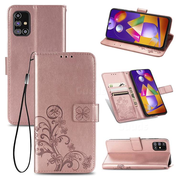 Embossing Imprint Four-Leaf Clover Leather Wallet Case for Samsung Galaxy M31s - Rose Gold