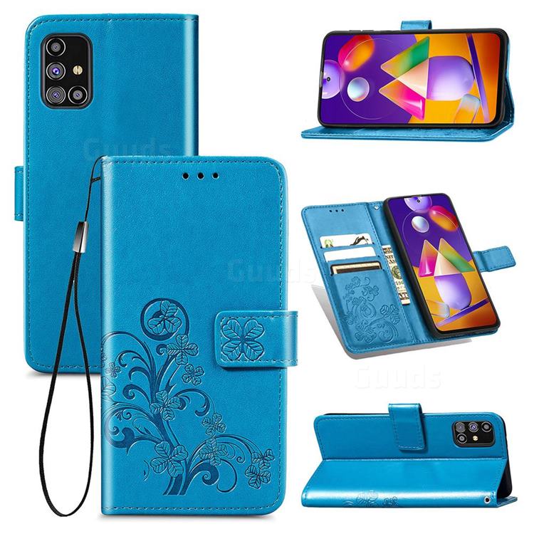 Embossing Imprint Four-Leaf Clover Leather Wallet Case for Samsung Galaxy M31s - Blue