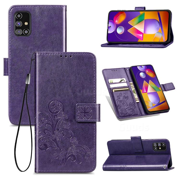 Embossing Imprint Four-Leaf Clover Leather Wallet Case for Samsung Galaxy M31s - Purple