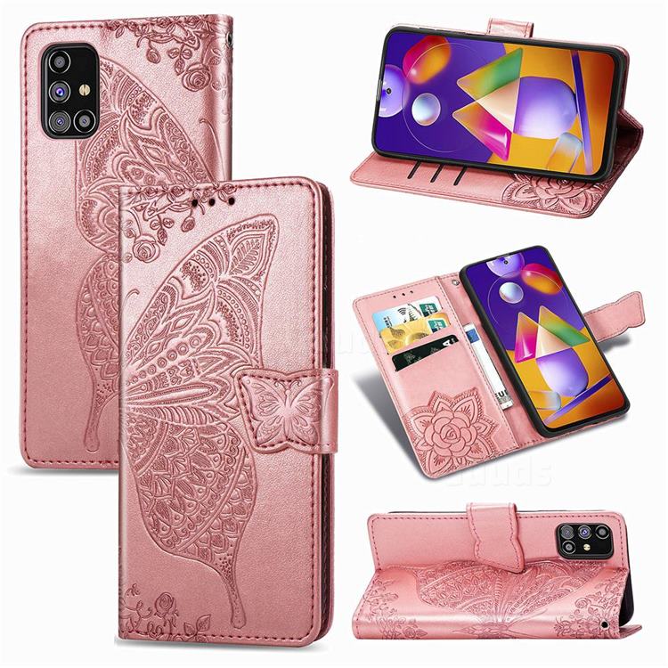 Embossing Mandala Flower Butterfly Leather Wallet Case for Samsung Galaxy M31s - Rose Gold
