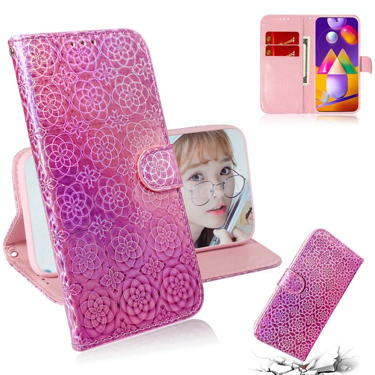 Laser Circle Shining Leather Wallet Phone Case for Samsung Galaxy M31s - Pink
