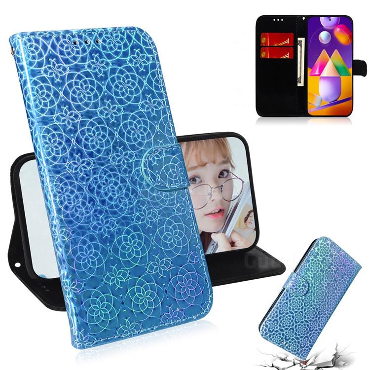 Laser Circle Shining Leather Wallet Phone Case for Samsung Galaxy M31s - Blue